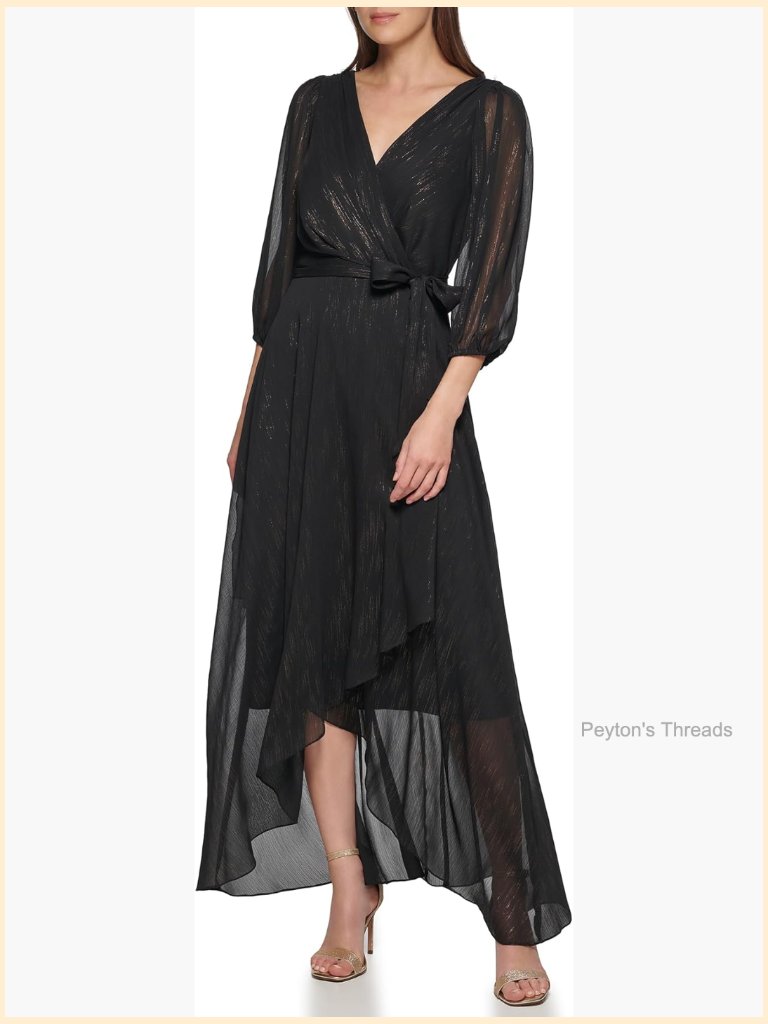 Half Balloon Sleeve Faux Wrap Midi Dress Chiffon